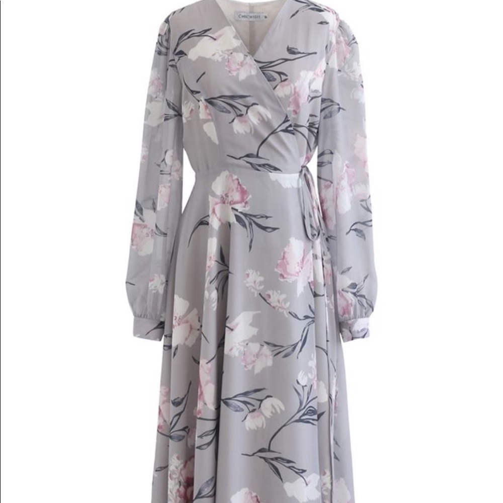 Grey Floral Maxi Wrap Dress - long sleeves